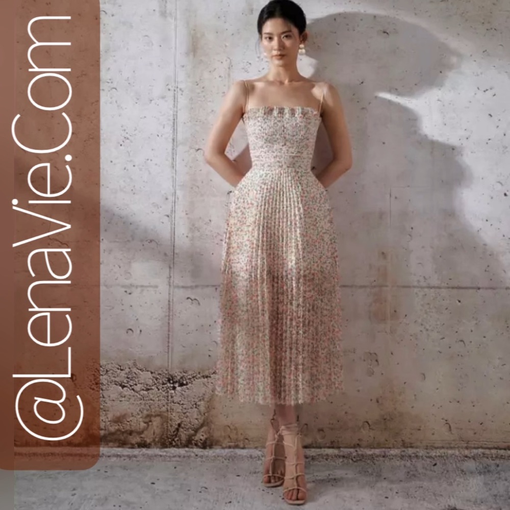 Peteiolè Dusk Runway Midi Dress With Faux Tie Empire Waist + Spaghetti Straps - Picture 4 of 12